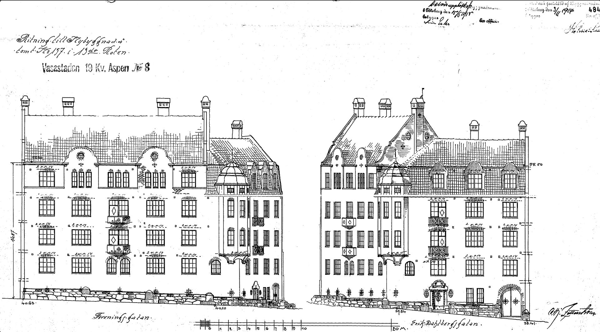Erik Dahlbergsgatan 23, ursprunglig fasadritning, Zetterström, år 1914.