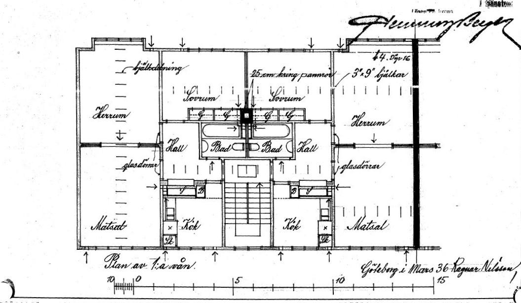 Ursprunglig ritning, med ett för Kålltorp mycket ovanligt inslag: herr-rum.