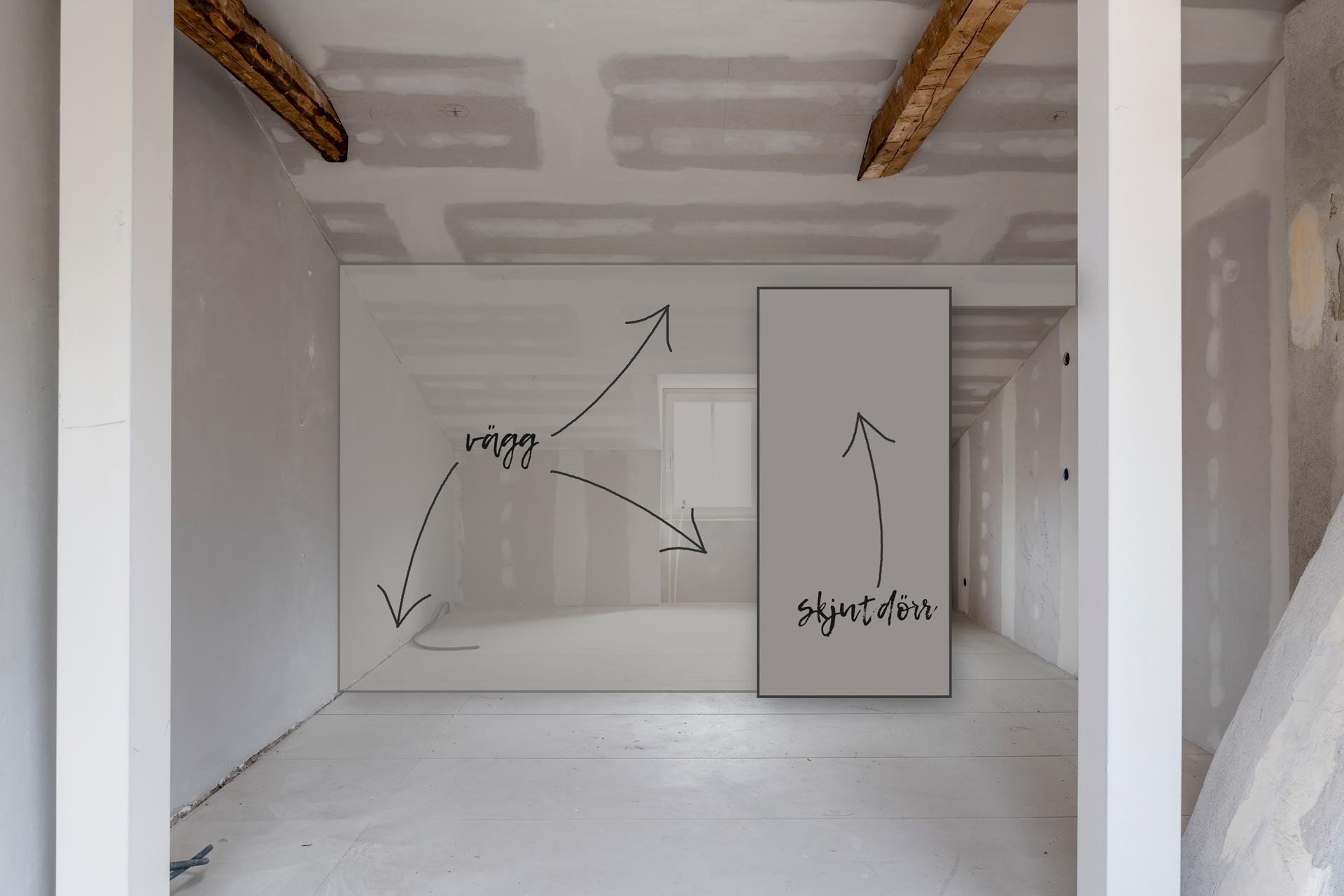 Illustration av vägg mot sovrum med skjutdörr (obs att avvikelser kan förekomma)